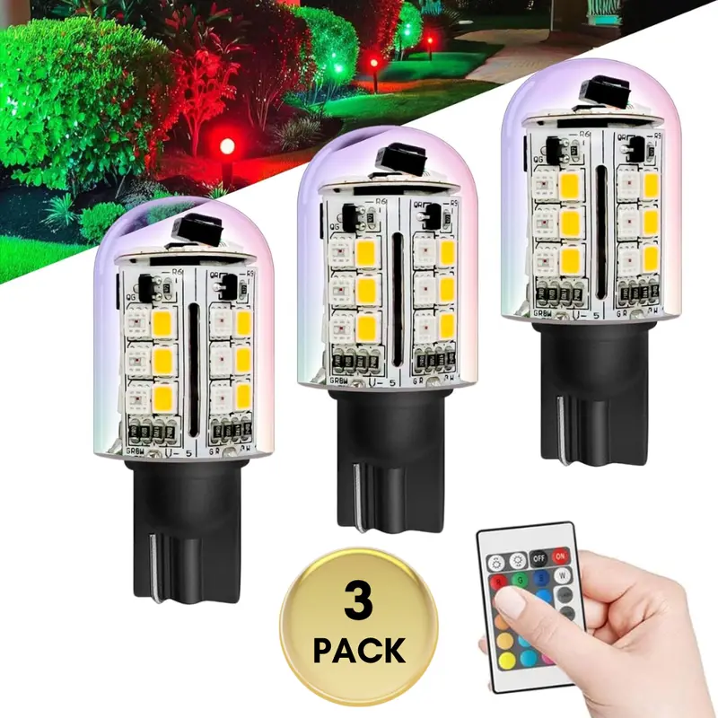 3-Pack T10/T5 Wedge Led Bulbs – Rgb + Warm White Remote-Controlled Landscape Lights, 2700K, 3W, 12–24V Ac/Dc 1