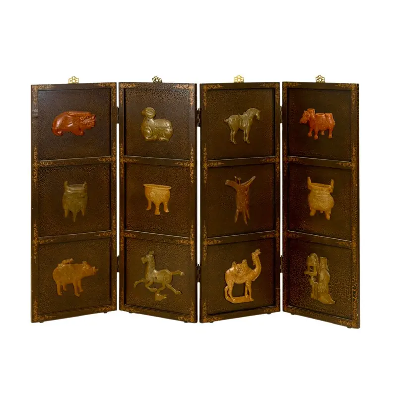 Antique Asian Carved Soapstone Four-Panel Folding Screen – Wall Or Tabletop Display 1
