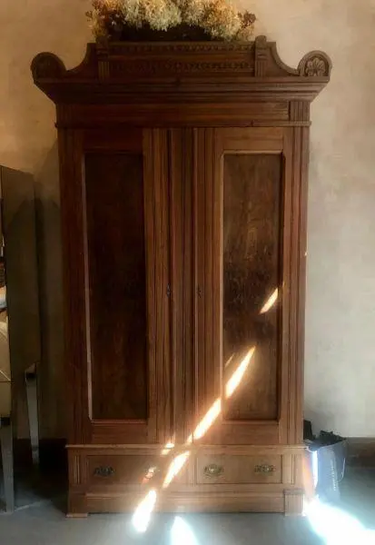Antique Burled Walnut Linen Press Armoire With Full-Length Doors 1