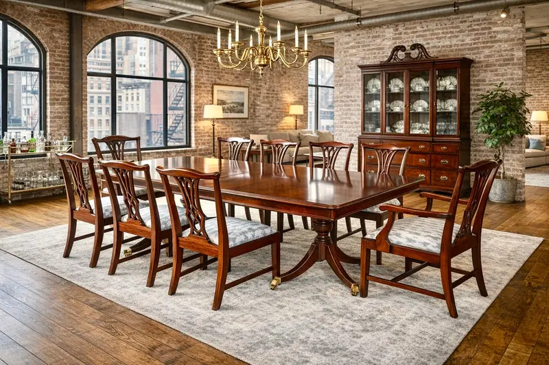Antique Georgian-Style Mahogany Double-Pedestal Dining Table Set 1
