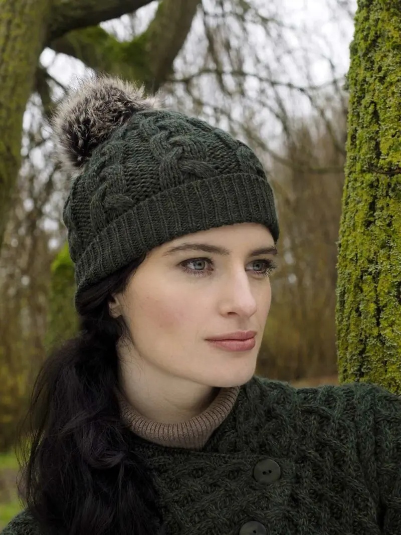 Aran Crafts Cable-Knit Pom-Pom Beanie 1