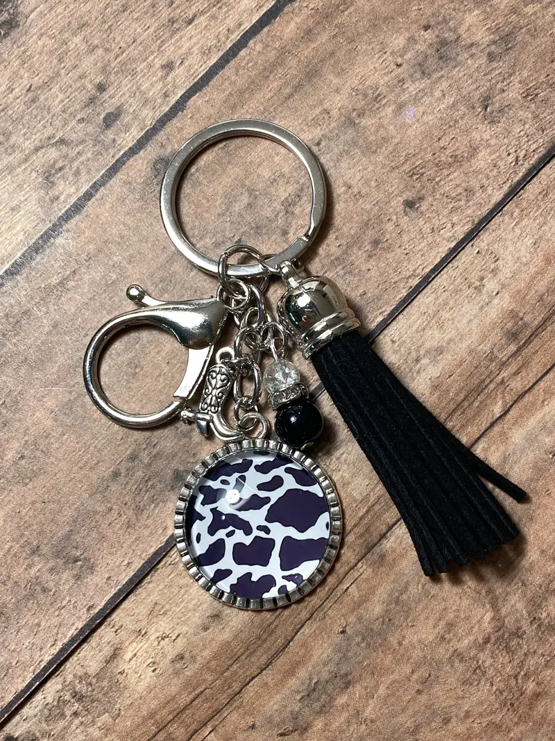 Cow Print Pattern Keychain – Fun Faux-Leather Accent, Style K000-37 1