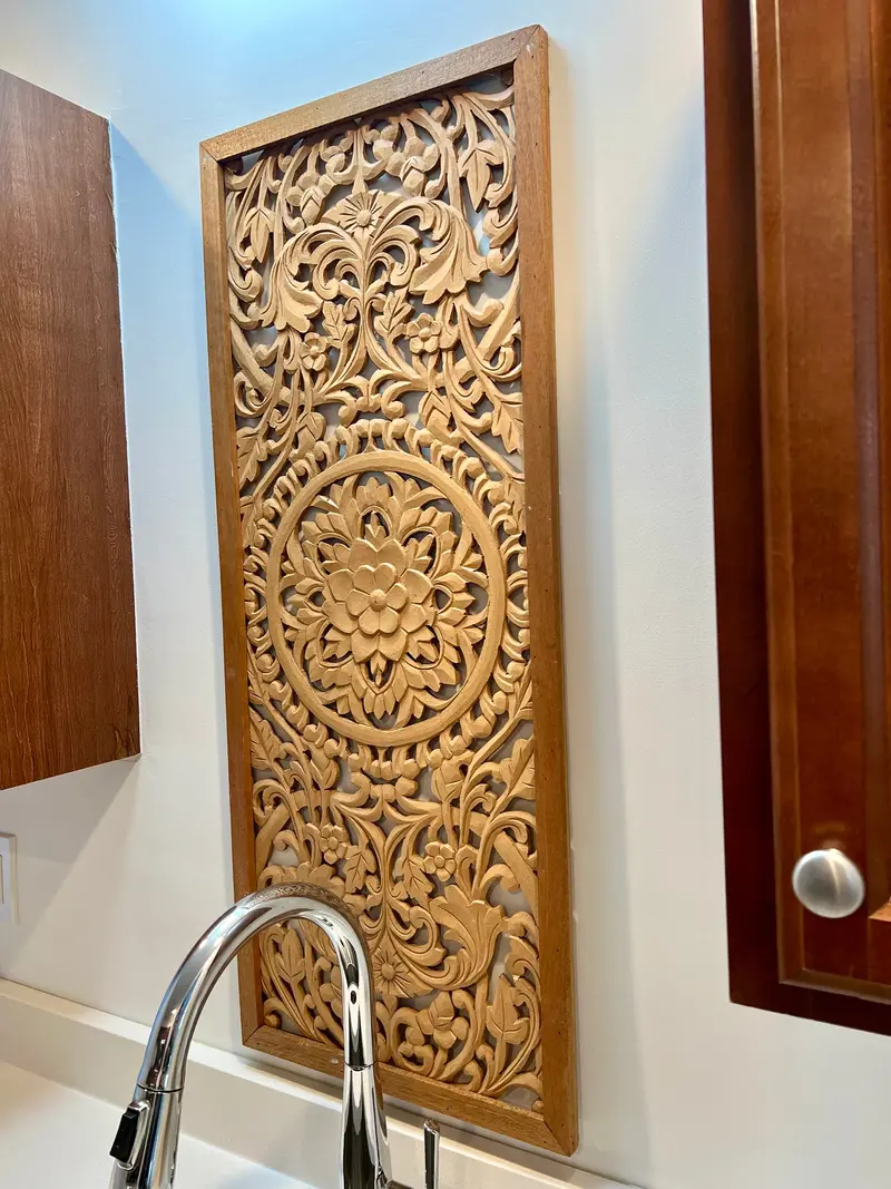 Hand-Carved Lotus Motif Wall Art Panel In Natural Wood 1