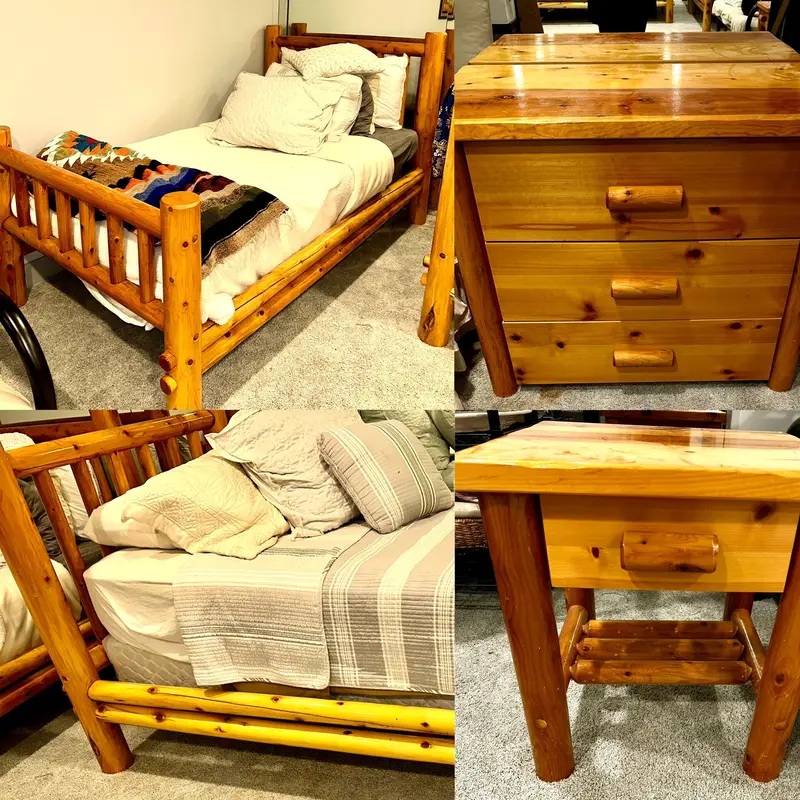Handcrafted Cedar Log Bedroom Set – Twin Beds, Dresser & Nightstand 1