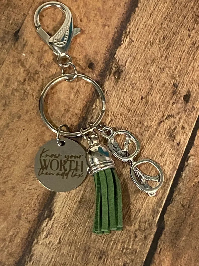 'Know Your Worth—Then Add Tax' Humorous Purse Charm (P06) 1