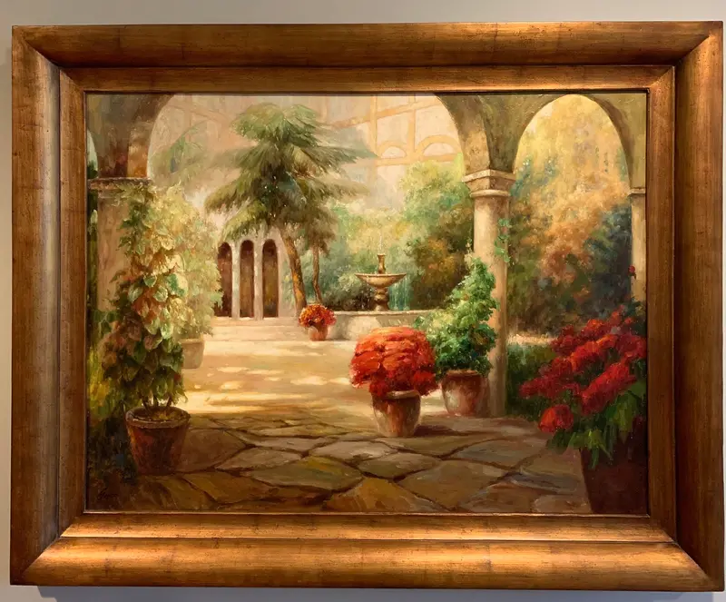 Large-Scale European Landscape Oil Painting – Architectural & Botanical Motifs 1