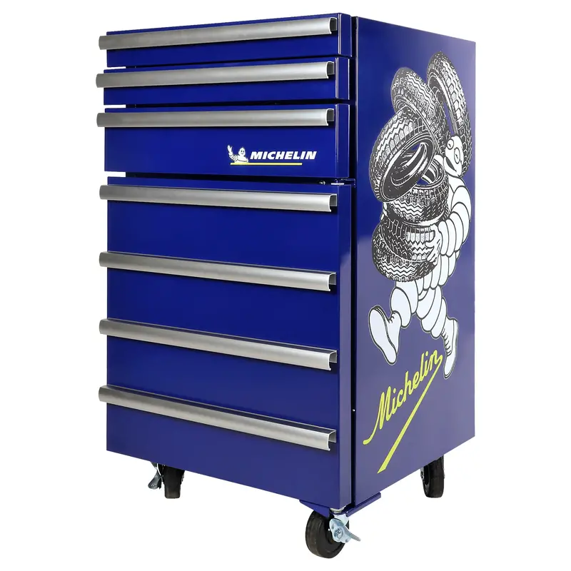 Michelin Tool Chest Fridge – 1.8 Cu Ft Rolling Compact Refrigerator With Integrated Tool Drawers, Locking Swivel Wheels, And Licensed Blue Graphics 1