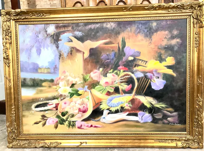 Oversized Gold-Gilt Floral Artwork By S. Van Auken – Framed 1