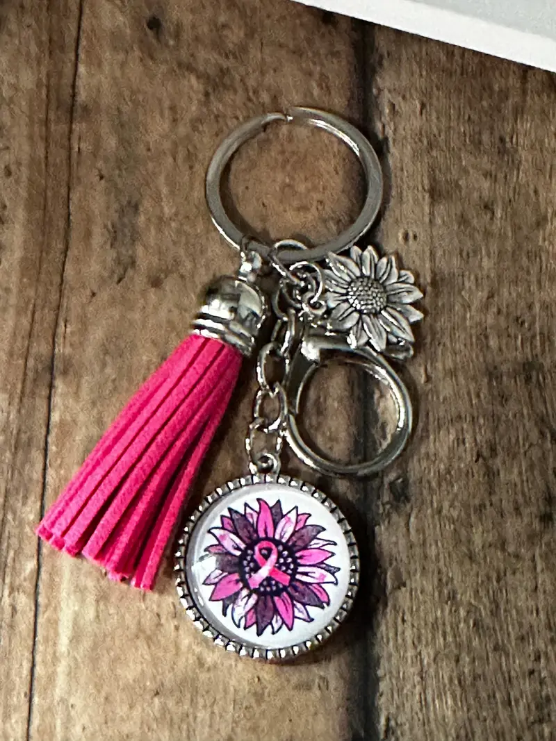 Pink Ribbon Sunflower Keychain – Breast Cancer Awareness Accessory (K000-52) 1