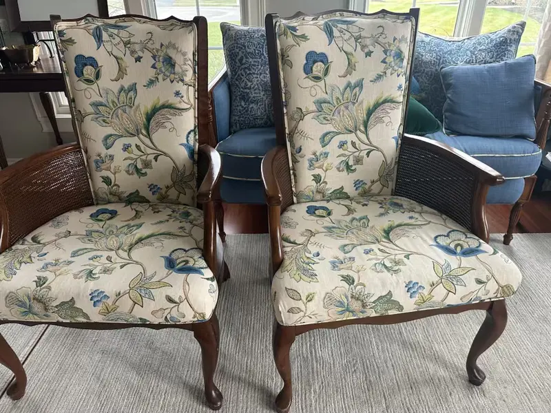 Queen Anne-Inspired Armchairs With Cane Backs, Scalloped Trim & Contrast Pillows (Pair) 1