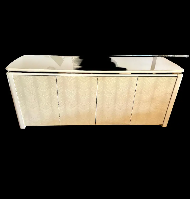 Vintage Postmodern Credenza – Cream Lacquered Herringbone Pattern Cabinet 1