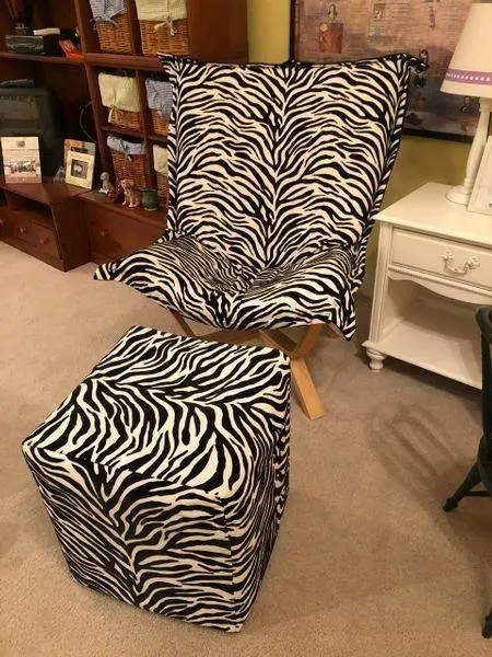 Zebra-Print Upholstered Puff Chair And Matching Cube Ottoman By Howard Elliott 1